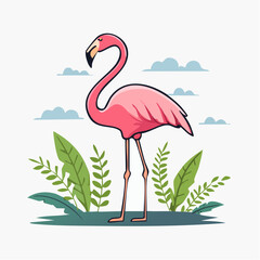 Elegant flamingo standing gracefully in a lush tropical paradise with sky backgrounds