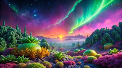 Fantasy Landscape with Aurora Borealis