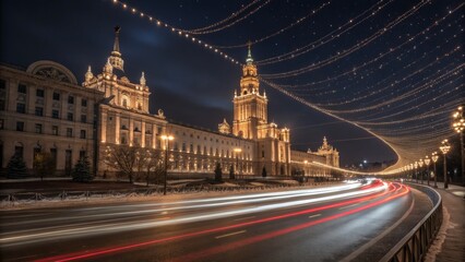 Obraz premium Illuminated Cityscape at Night with Light Trails