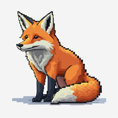 Pixelated fox portrait, digital art rendering showcasing the animal in an 8-bit style landscape