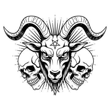 Baphomet demon goat head and human skulls hand drawn print or blackwork flash tattoo art design vector illustration