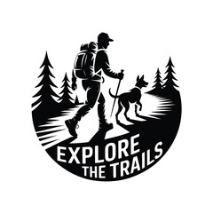 Fototapeta premium Hiker with dog exploring forest trails silhouette isolated on white background