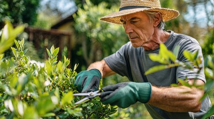 Senior Man Pruning Garden Shrubs in Summer