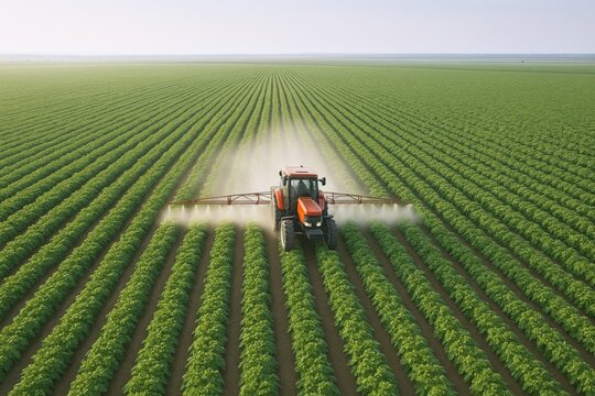 Aerial View of Tractor Spraying Green Field - Modern Agriculture and Crop Protection Technology