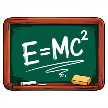 The mass energy equivalence equation E equals MC2 on a chalkboard. Vector illustration ideal for science, physics, education, and academic themes.