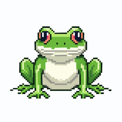 Pixelated Green Frog Illustration with Red Eyes Isolated on White Background