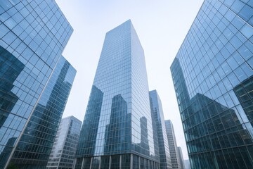 Fototapeta premium Modern Cityscape: Low Angle View of Contemporary Glass Office Buildings Against Bright Sky
