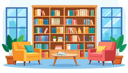 Cozy Reading Nook: Bookcase and Armchairs Illustration
