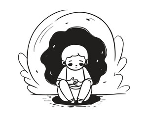 Lonely boy sitting alone with cloud of darkness expressing sadness and isolation
