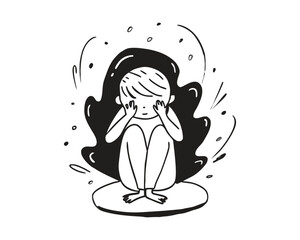 Girl feeling overwhelmed hides face in hands, mental health concept art style
