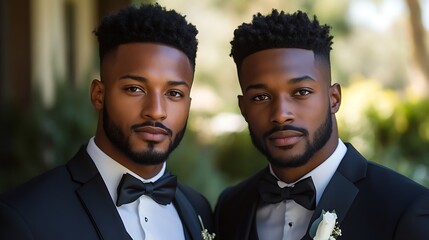 Stylish african men with boutonnières posing confidently
. Two confident men in tuxedos sharing quiet moment. Formal elegance, mutual respect and lasting friendship. Brotherhood Week