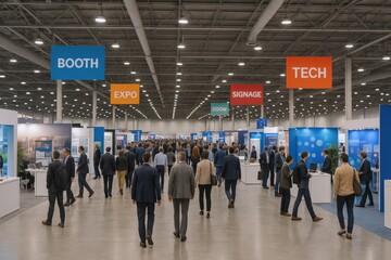 Busy Trade Show Floor with Attendees Walking Between Booths and Exhibits at a Large Convention