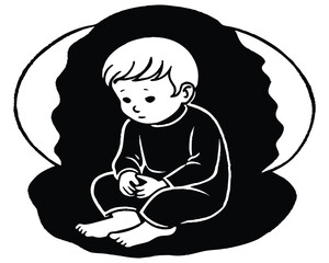 Lonely toddler sitting alone in a dark space feeling sad and introspective