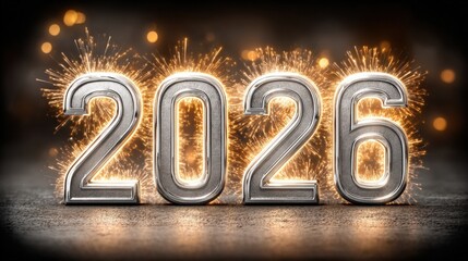 Sparkling Silver 2026 New Year Illustration with Fireworks, Celebration Graphic Design for Festive Banner