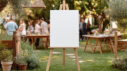 Blank Canvas on Easel in Garden Setting, Ideal for Outdoor Events, Weddings, and Artistic Displays