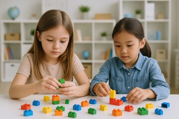 Fototapeta premium Two Diverse Young Girls Constructing with Colorful Building Blocks, Focusing on STEM Skills Development at Home