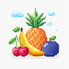 Vibrant Pixel Art Fruit Still Life: Pineapple, Banana, Plum, and Cherry Arrangement
