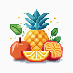 Pixelated paradise: A vibrant collection of summer fruits in a retro 8-bit style illustration
