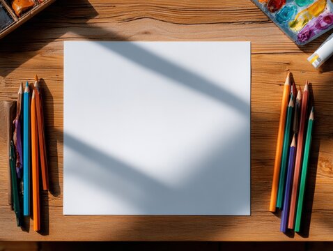 Artistic Mockup: Blank White Paper with Colorful Pencils and Painting Supplies on a Wooden Table