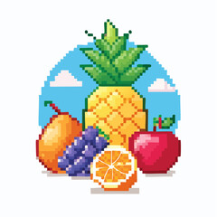 Colorful Pixel Art Composition of Various Fruits in a Pixelated Sky Background Illustration