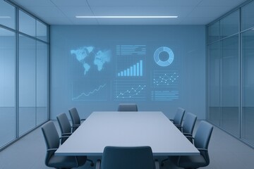 Modern Boardroom with Data Visualization Projector Display, Conference Table and Chairs, Glass Walls, Futuristic Business