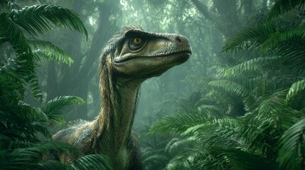 Velociraptor in Lush Jungle with Green Ferns