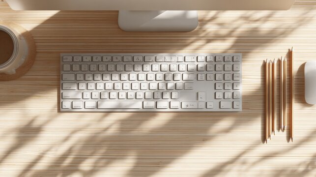 Minimalist Workspace Flat Lay with Keyboard, Pencils, Coffee Cup, and Light Play, Ideal for Creative Professionals - Powered by Adobe
