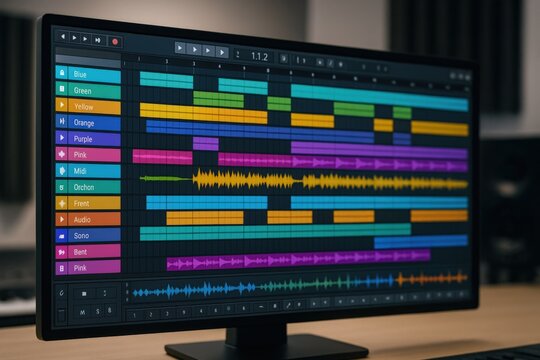 Music Production Software Interface Displaying Audio Waveforms and Tracks for Digital Composition and Editing