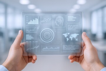 Hands Holding Transparent Tablet Displaying Data Visualization Graphics in a Modern Office Setting