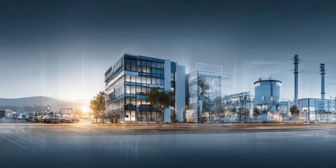 Fototapeta premium Modern industrial park with contemporary office building and chemical plant at dusk, reflecting urban landscape.