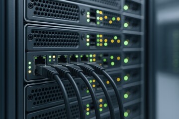 Network Server Rack with Ethernet Cables Connecting Data Center Equipment for Telecommunications