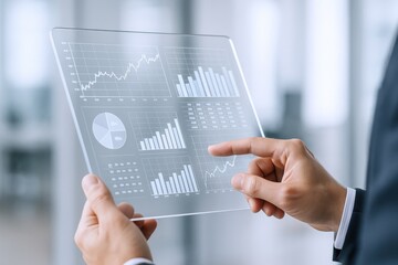Futuristic Businessman Analyzing Data on Transparent Tablet, Displaying Graphs and Financial Analytics in Modern Office