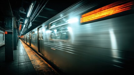 Fototapeta premium Subway Train Speeding Through Station in an Urban Transit System, Motion Blur and Platform