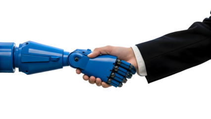 a blue robotic arm shakes hands with a human hand wearing a black suit transparent background close up