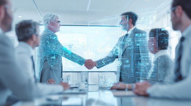 Business Professionals Shaking Hands at Meeting with Technology Overlay, Digital Transformation and Global Collaboration