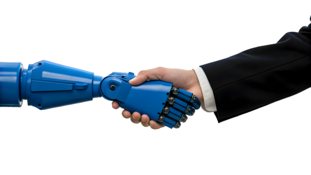 a blue robotic arm shakes hands with a human hand wearing a black suit transparent background close up