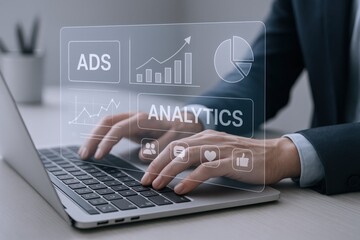 Analyzing Digital Advertisement Performance: Man Typing on Laptop with Analytics Overlay for Business Growth