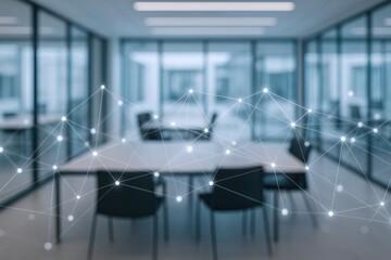 Modern Conference Room with Abstract Network Overlay: Technology, Collaboration, and Connectivity in Business