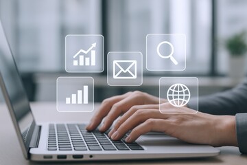Business Professional Navigating Online Data Analytics and Communication Tools on Laptop for Strategic Growth