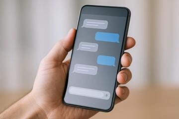 Hand Holding Smartphone with Blank Chat Messages Displayed, Perfect for App Mockups and UI Design Presentations