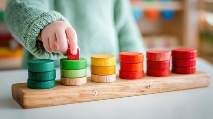 Kid learning shapes and colors by stacking wooden blocks on a table in preschool or kindergarten
