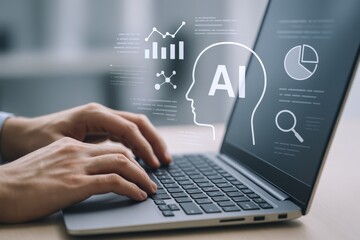 AI Technology on Laptop Screen: Human Hands Typing, Data Visualization, Concept of Artificial Intelligence