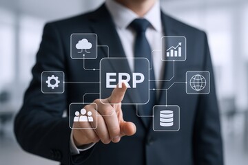 Enterprise Resource Planning: Businessman Touching ERP Interface with Icons Representing Key Modules and Digital Transformation Solutions