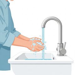 Person washing hands with soap under running water in a bathroom sink