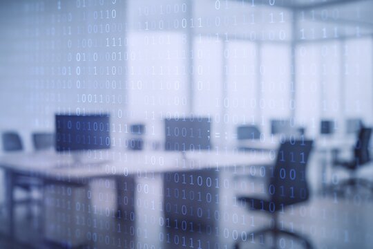 Blurred Office Interior with Binary Code Overlay, Representing Data Security and Technology Concepts - Powered by Adobe