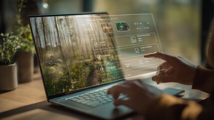 Modern Laptop Displaying Forest Scene with Interface Overlay for Data Visualization and User Interaction on Wooden Desk
