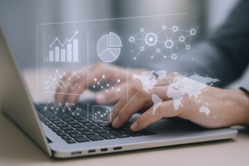 Analyzing Financial Data and Business Growth Strategy on Laptop with Digital Graphs and World Map Overlay