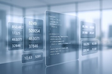 Futuristic Data Analysis Interface Displaying Financial Statistics and Programming Code in a Modern Office