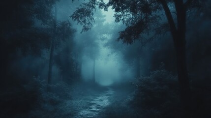 Fototapeta premium Misty forest path disappearing into the distance, shrouded in fog and darkness, creating a sense of mystery.