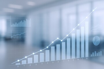 Growing business graph with rising trend line, bar charts, and increasing market share in a modern office